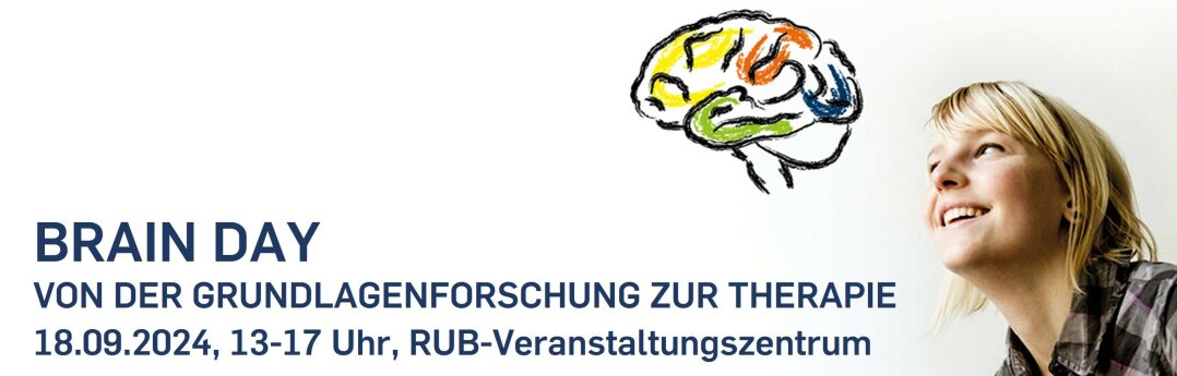  Header der Brain Day Seite. Fotocollage aus Text, einem gezeichneten Gehirn und dem Kopf einen Frau, die das Gehirn anschaut und lächelt. Im Text steht das Datum des Brain Days: 18.9.2024, 13 bis 17 Uhr.