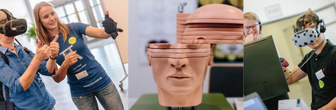 Eine Collage, die verschiedene Personen zeigt, die in virtuelle Realitätserfahrungen vertieft sind sowie ein Plastikmodell eines menschlichen Kopfes.